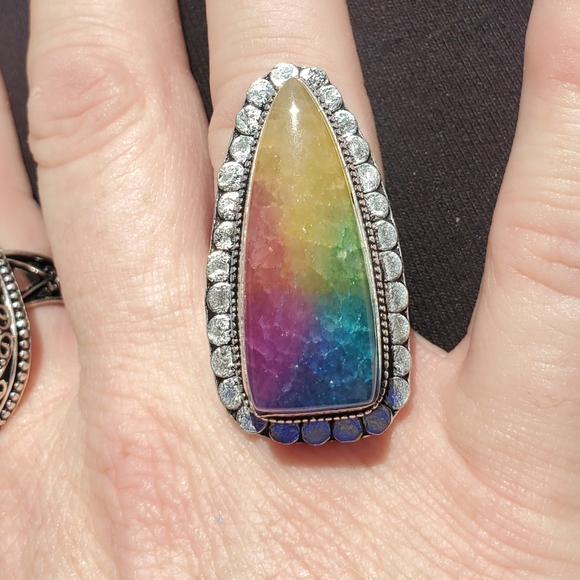 New Oversized Rainbow Solar Agate Quartz 925 Silver Statement Ring. - Picture 3 of 16